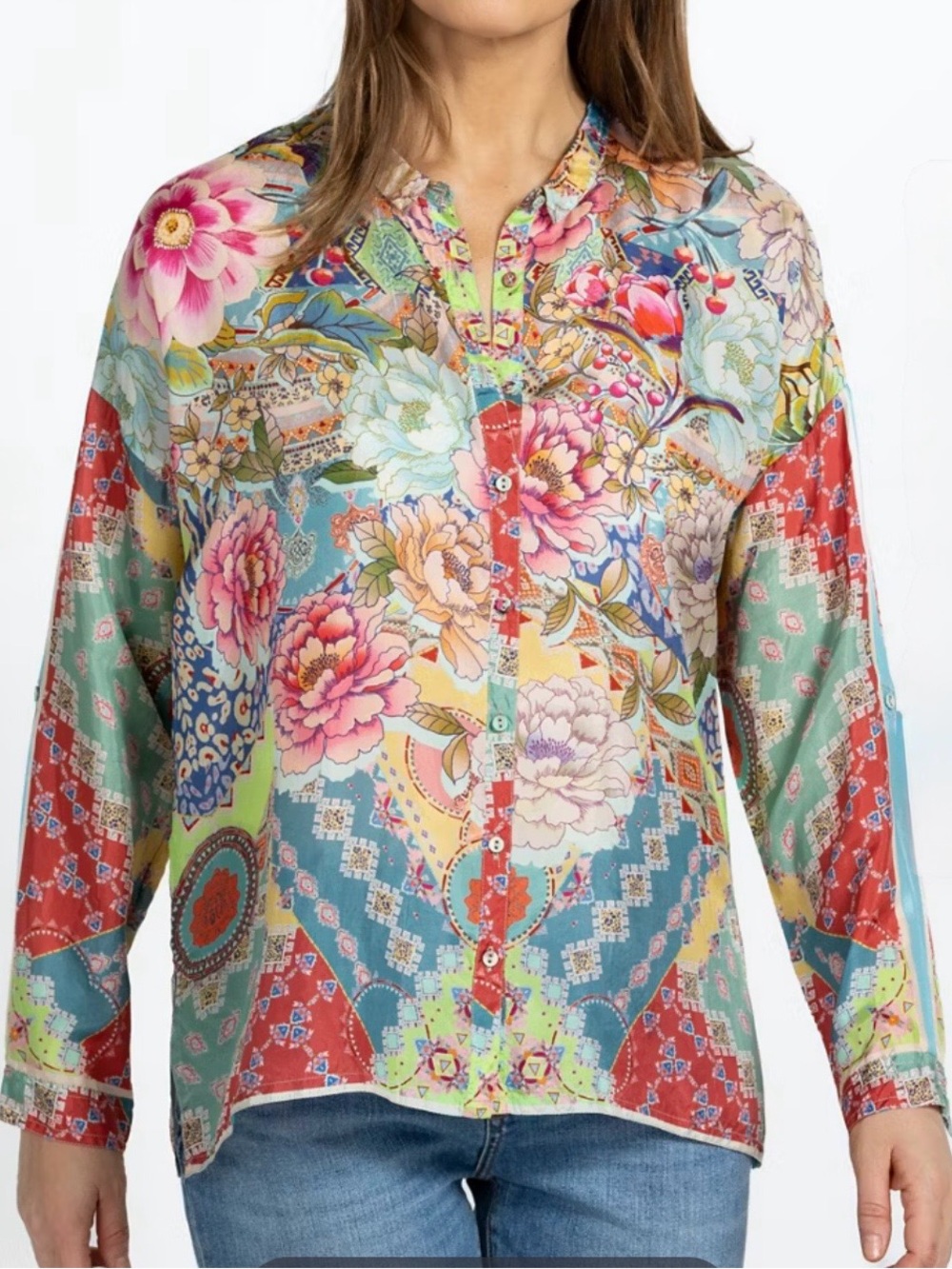 Johnny Was Prisma Seline Button Down 100% Silk Floral Blouse Size XL Sku#204